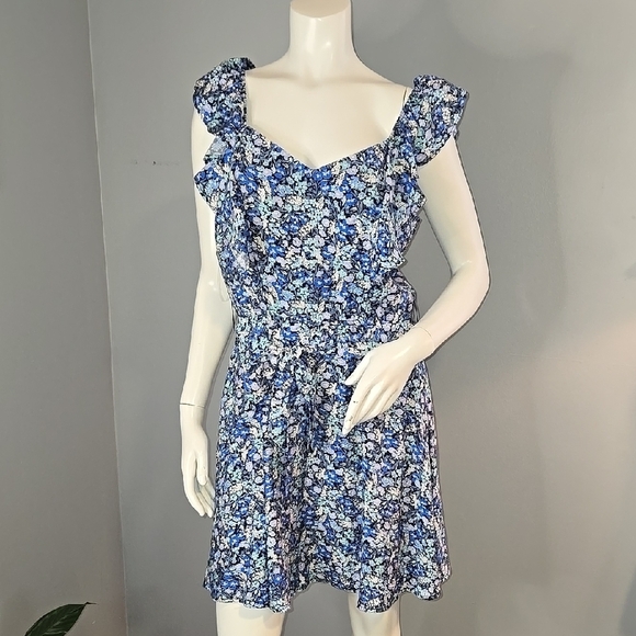 Trixxi Blue Floral Mini Sundress Flutter Sleeves Sweetheart Neck Pockets Size XL - Picture 1 of 13